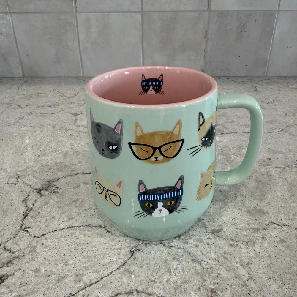 Cat Mug Kitty Feline Whimsy Faces Mint Pink Illustration Danica Jubilee NEW